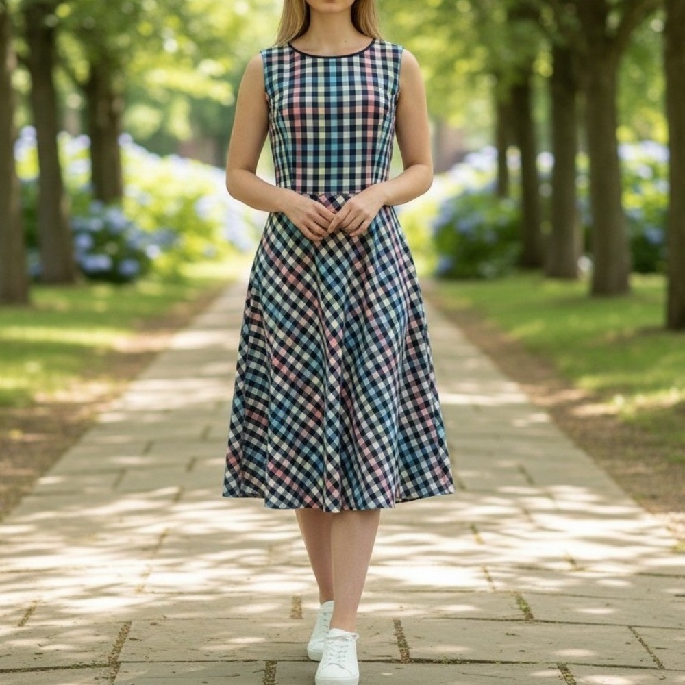 Talbots Womens Multicolor Gingham 100% Cotton Midi Fit and Flare Pocket Dress 8